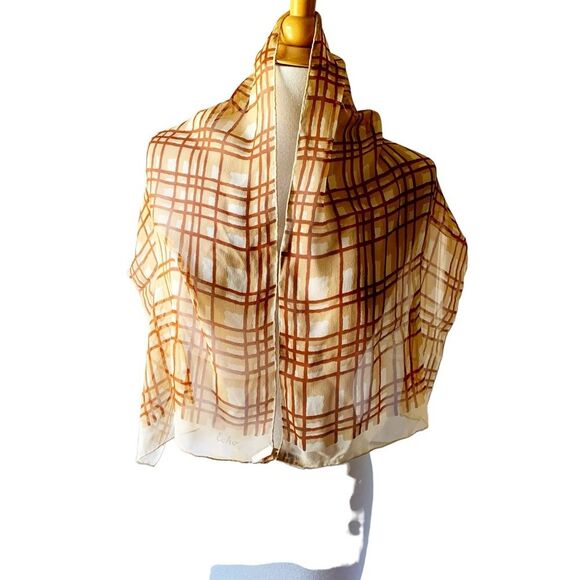 Vintage NOS ECHO Rectangular Brown Tan Silk Scarf Hand Rolled Hem - Picture 5 of 9